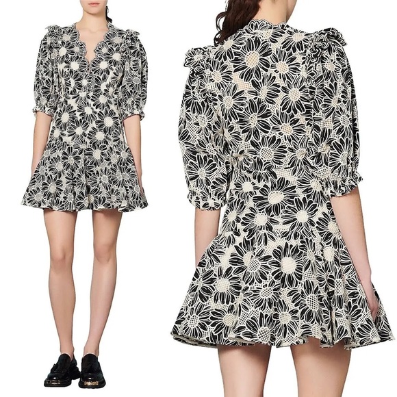 NWT Sandro Audrey Floral Embroidered Mini Dress XS Noir Flared Ruffle Eyelet - Picture 13 of 13